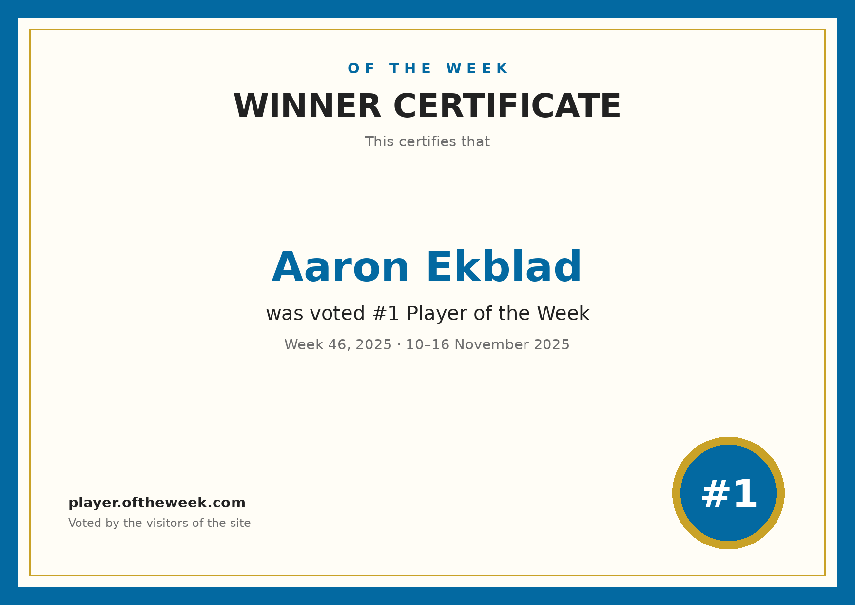 Certificate — Aaron Ekblad