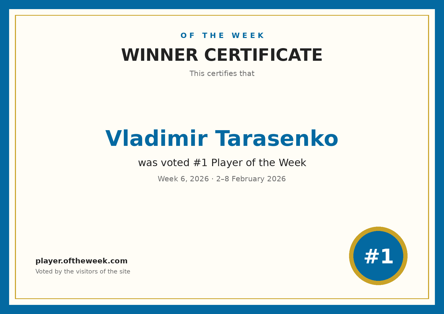 Certificate — Vladimir Tarasenko